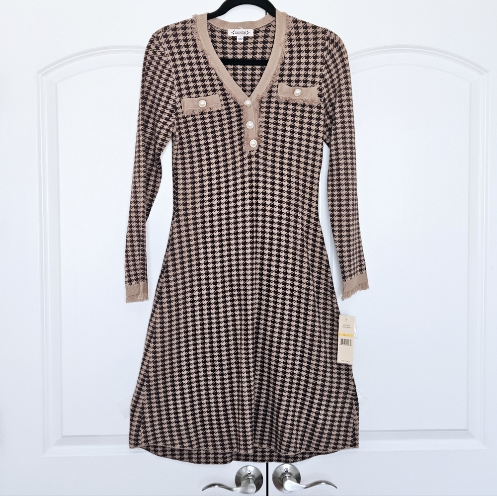 Nanette Lepore Houndstooth Sweater Dress Pearl Button Fringe NWT S